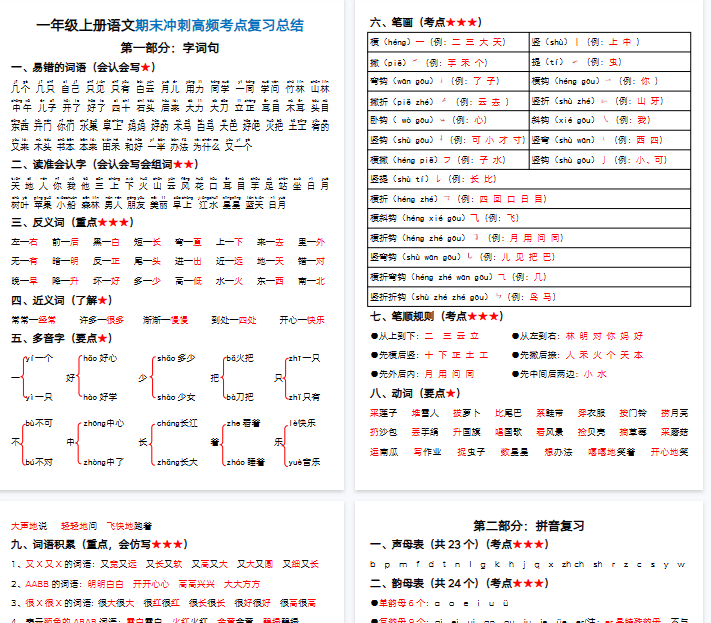 【10页完整版】一年级上册语文期末高频考点总结