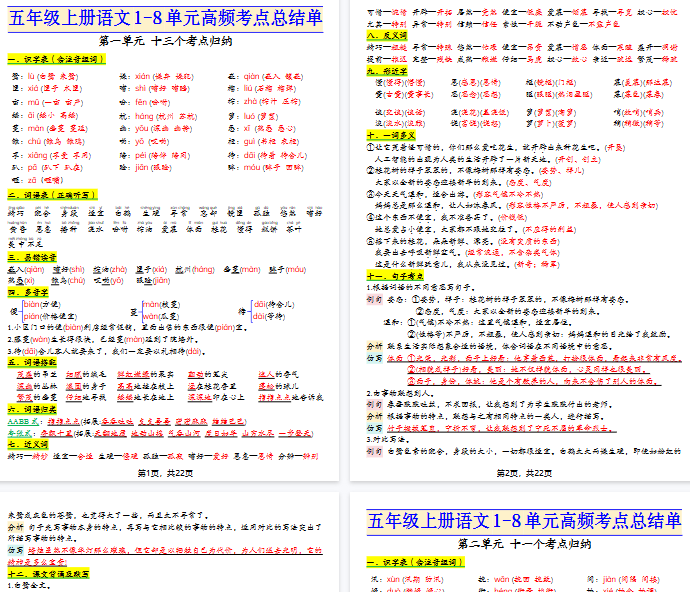 【22页完整版】五上语文期中期末必背1-8单元高频考点复习总结单【期末高清版可直接打印】