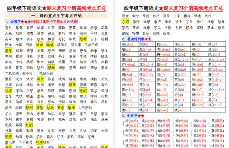 【39页高清完整版】四年级下册语文期末复习必考知识点