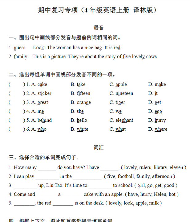 期中复习专项（4年级英语上册 译林版）