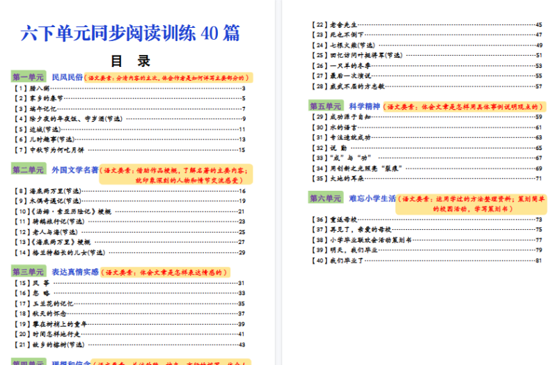 【81页高清完整版】六下语文单元同步阅读理解训练40篇(空白版)