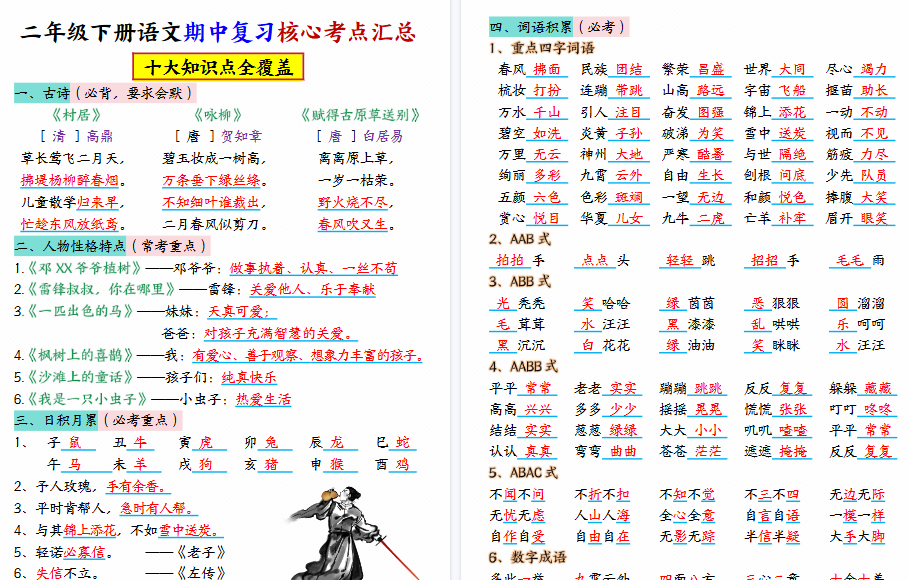 【2026春13页完整版】二下语文期中复习核心考点汇总(10大知识点)