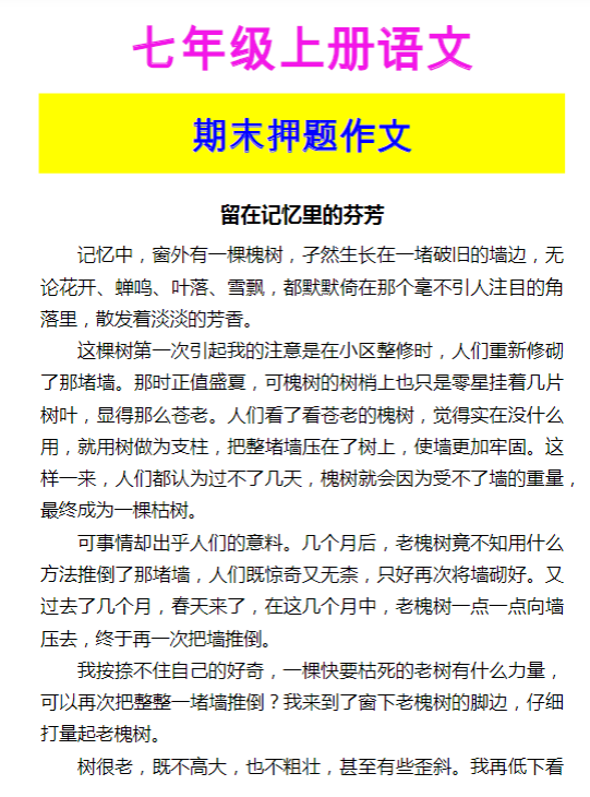 七年级上册语文 期末押题作文《留在记忆里的芬芳》
