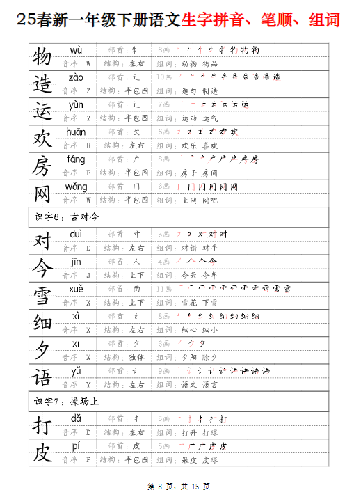 《2025春新课改一下语文生字拼音、笔顺、组词》（15页）