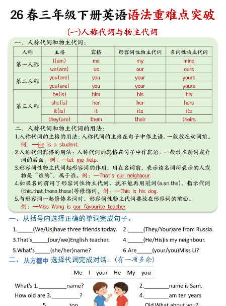 【16页高清完整版】三年级（下）英语语法重难点突破 人教版