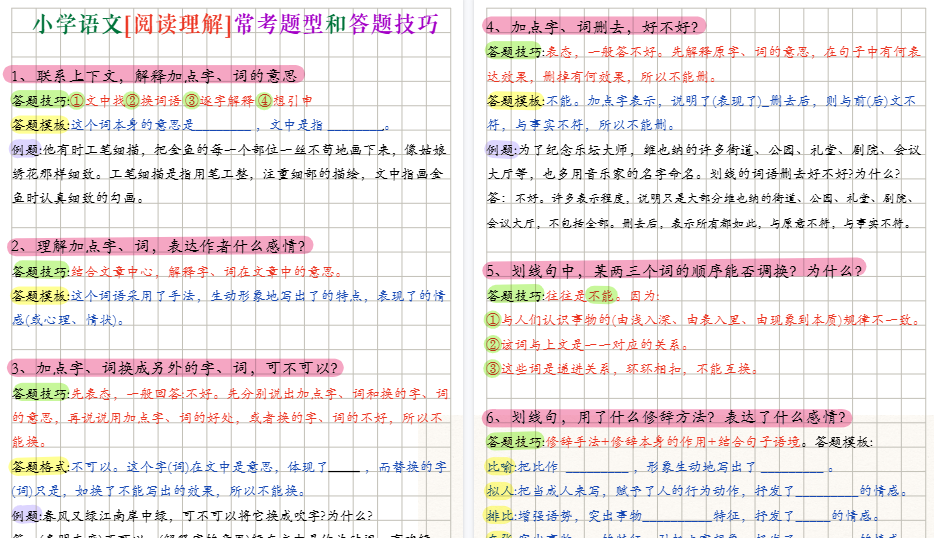 【5页高清完整版】小学语文阅读理解，16大常考题型和答题技巧