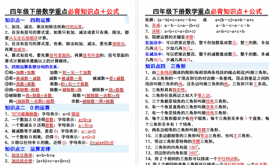 【2026春7页完整版】四年级下册数学重点必背知识点十公式