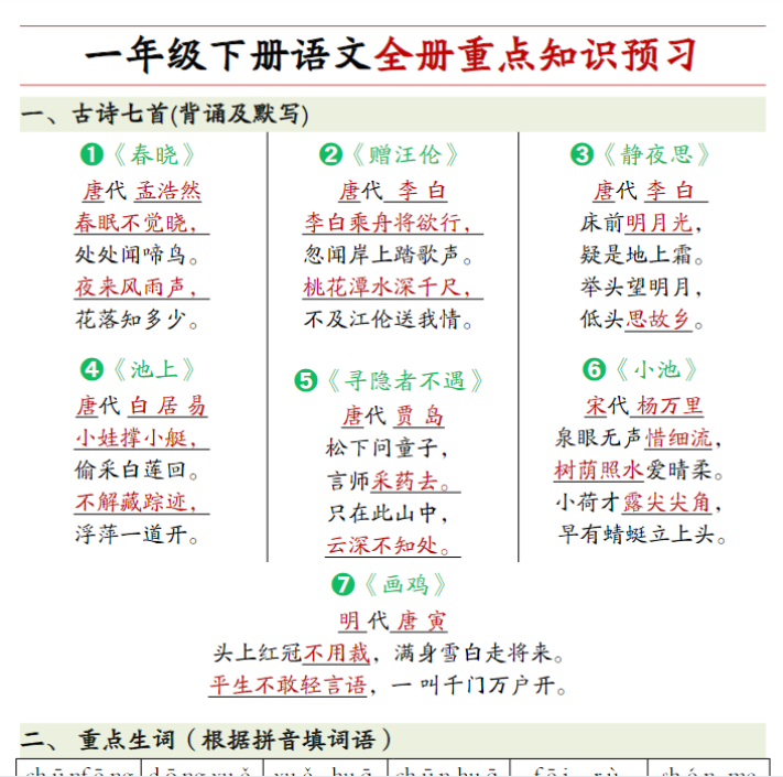 12页!一下语文期末全册重点知识练习