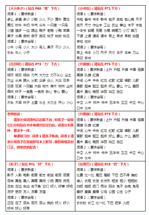 《2025春新课改一年级上册每课重点书贴》【每课生字组词认读】剪下贴在每课空白处