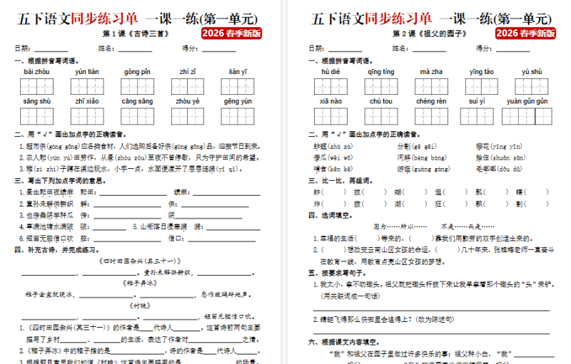 【40页高清完整版】五下语文同步练习单一课一练(含答案40页)