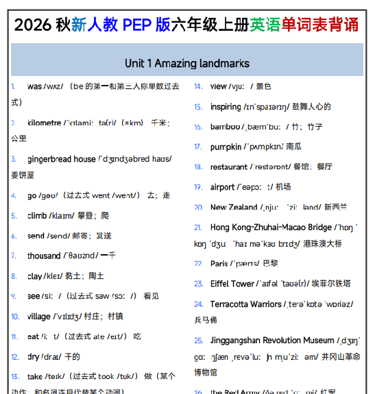 【6页完整版】26秋PEP人教版六年级上册英语单词背诵资料