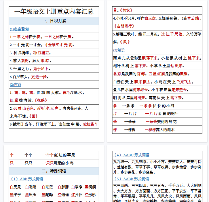 【18页完整版】一年级语文上册《日积月累》重点内容