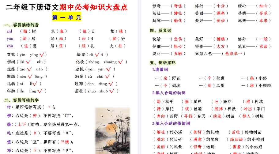 【23页高清完整版】二（下）语文1-4单元期中必考知识大盘点