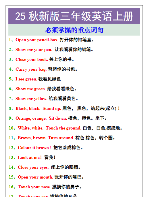 【2025秋新版】三年级英语上册必须掌握的重点词句