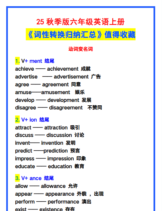 【2025秋新版】六年级英语上册《词性转换归纳汇总》，值得收藏！