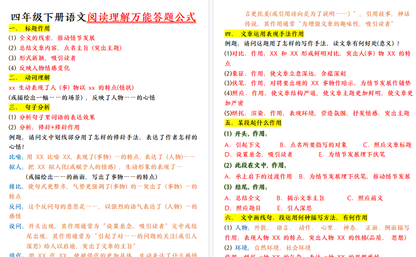 【10页高清完整版】四年级下册小学语文35个阅读理解万能公式