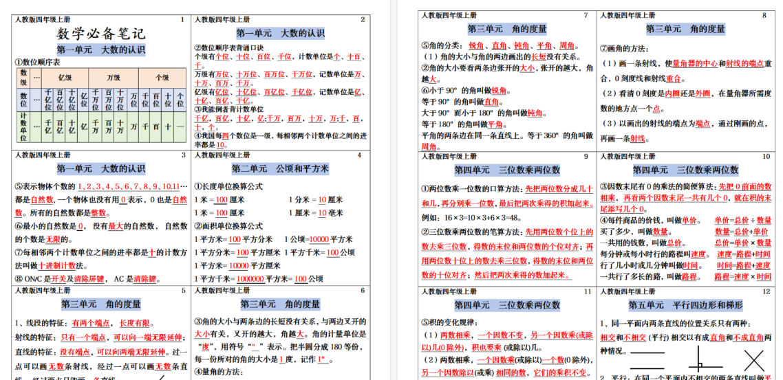【5页高清完整版】四年级上册数学课课贴