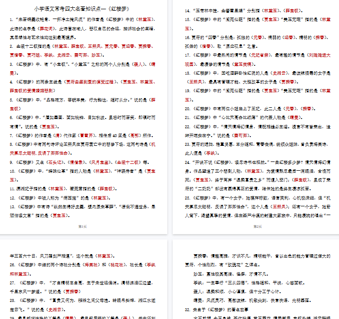 【16页完整版】六（上） 必考题《四大名著》知识填空100题.pdf