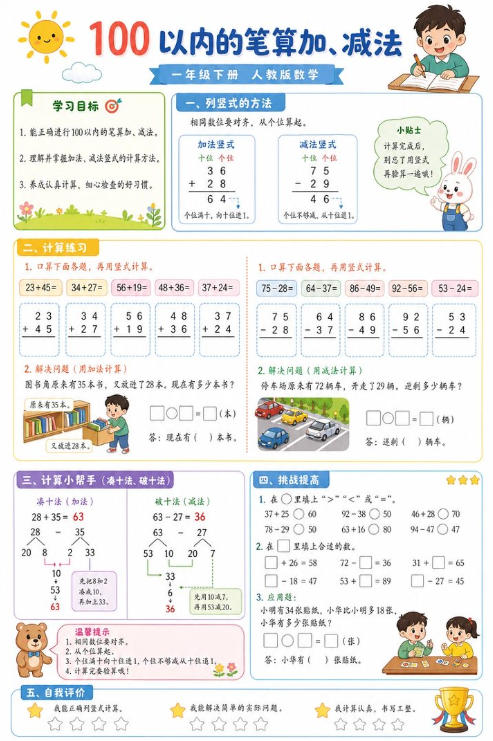 100 以内的笔算加、减法--超彩高清版本