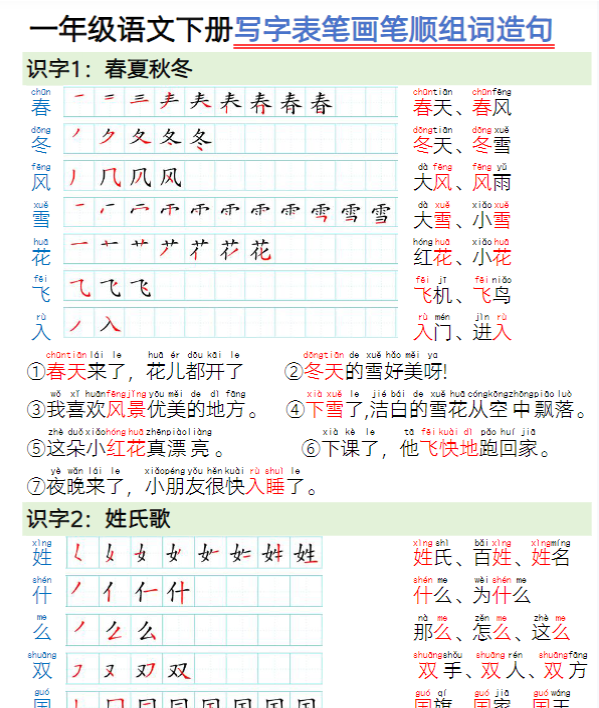 【高清电子版】【写字表笔画笔顺组词造句】一下语文