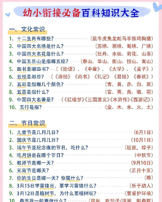 【4页完整版】幼小衔接必备百科知识大全
