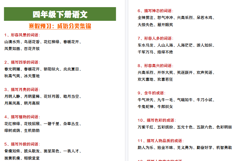 【2026寒假4页】四年级下册语文寒假预习成语分类积累