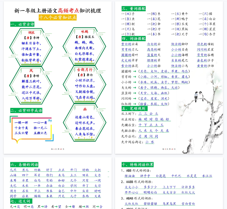 【高清10页整理】新一上语文高频考点知识梳理（十八个必背知识点）