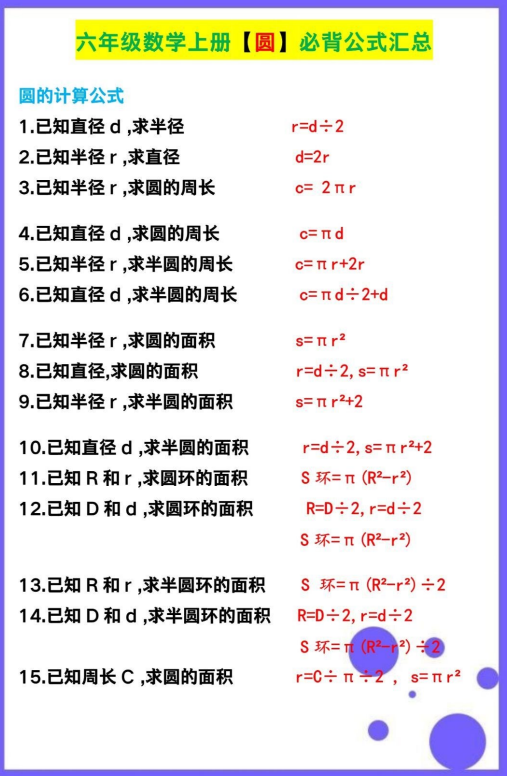 3页！六年级数学上册【圆】必背公式汇总