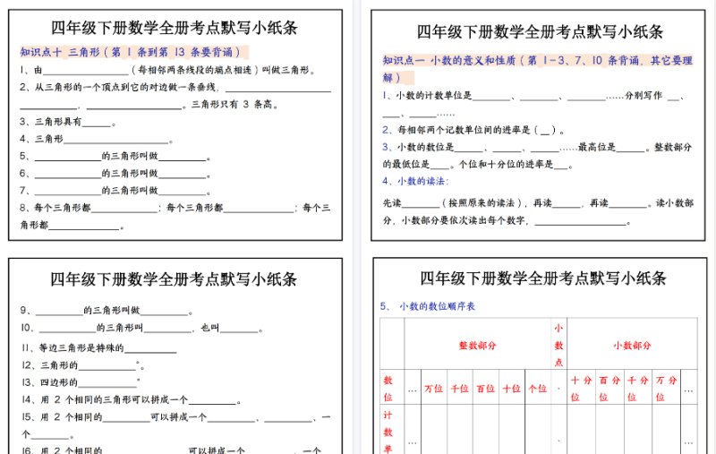 【22页高清完整版】四年级(下)数学必背知识点默写小纸条