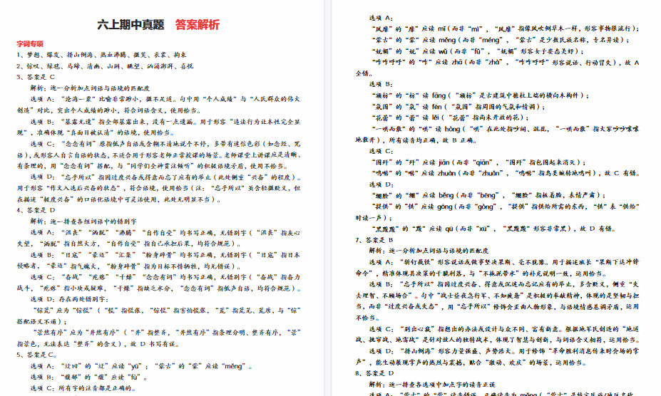 【31页完整版】六上语文【期中专项练习（答案）】