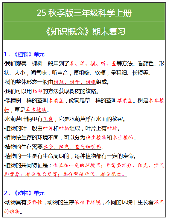 【2025秋新版】三年级科学上册《知识概念》期末复习