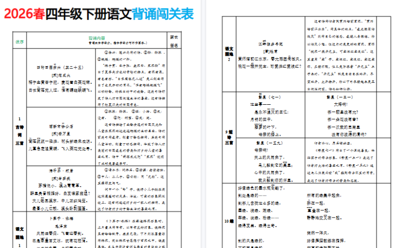 小学语文《背诵默写表》4年级下册(26春)
