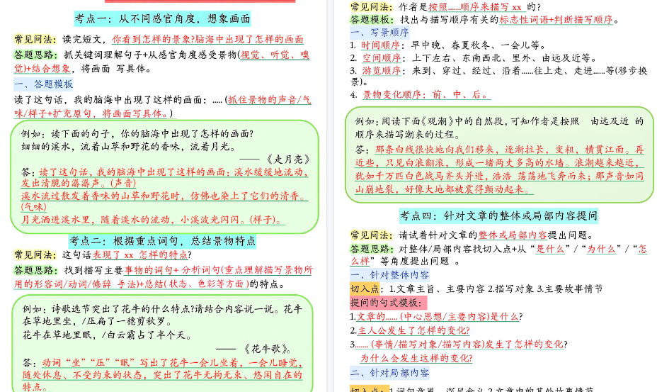【13页高清完整版】新四上语文1-8单元阅读理解答题技巧