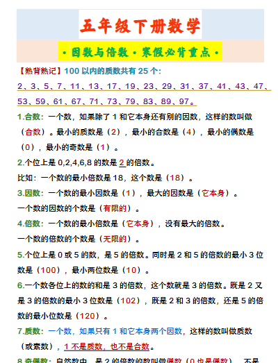 【2026寒假】五年级下册数学 ·因数与倍数·寒假必背重点·