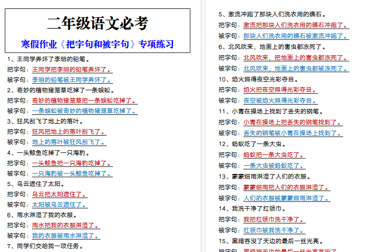 【2026寒假4页】二年级语文必考 寒假作业《把字句和被字句》专项练习