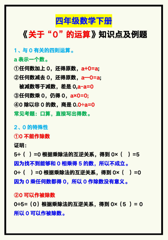 2页！四年级数学下册《关于“0”的运算》知识点及例题！