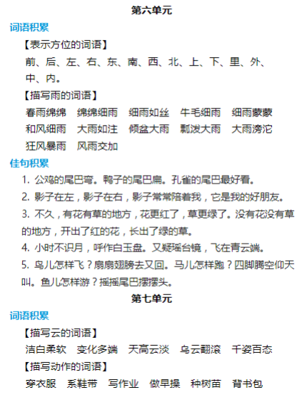 《2025春新课改1年级语文上册词语归类积累》课文佳句汇总