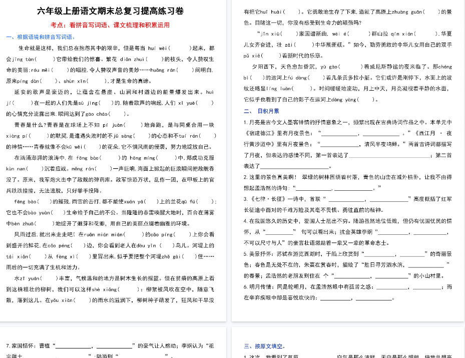 【10页完整版】六年级上册语文总复习提高卷