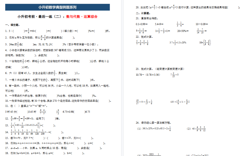 【20页完整版】六年级（下）数学《数与代数》小升初专项练习