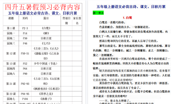 【6页高清完整版】《语文暑假必背预习》四升五语文