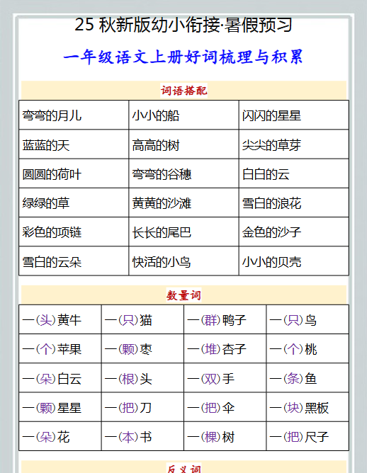 【2025秋新版】幼小衔接一年级语文上册好词梳理与积累