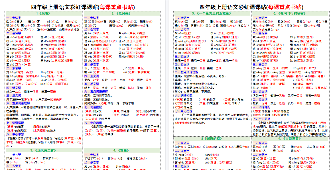 【3页完整版】四年级上册语文彩虹课课贴(每课重点书贴)(1-12课)
