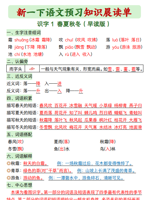 【5页高清完整版】新一年级下册语文《预习知识晨读单》