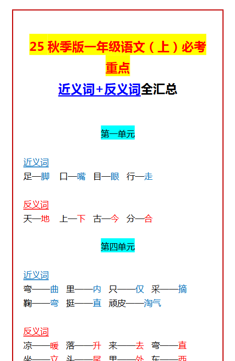 【2025秋新版】一年级语文(上)必考重点 近义词+反义词全汇总