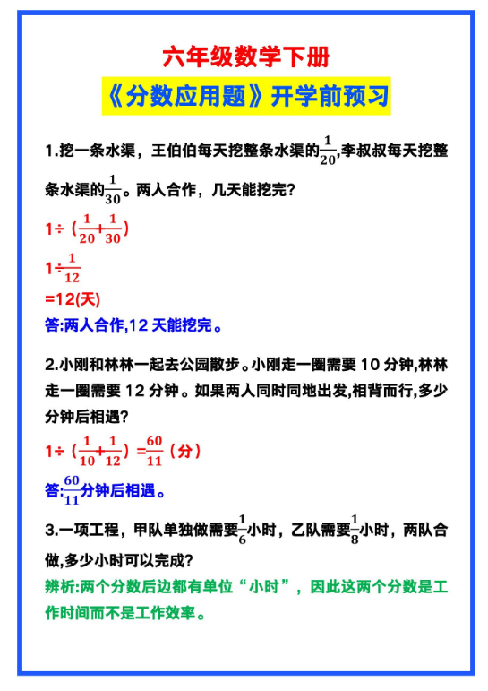 3页！六年级数学下册《分数应用题》，开学前预习！
