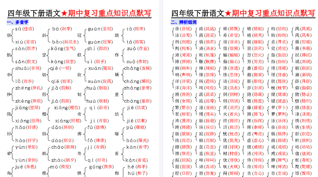 【10页高清完整版】四下语文【期中复习重点知识点默写】