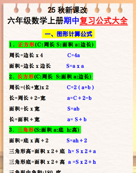 【2025秋新版】六年级数学上册期中复习公式大全图形计算公式