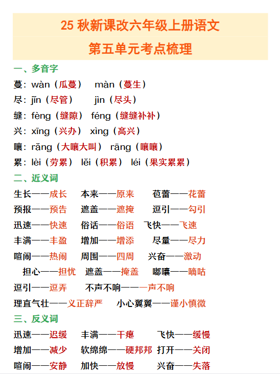【2025秋新版】六年级上册语文第五单元重点考点梳理