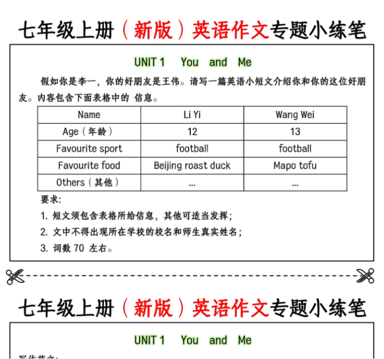9页！七年级上册（新版）英语作文专题小练笔  挖空版+答案