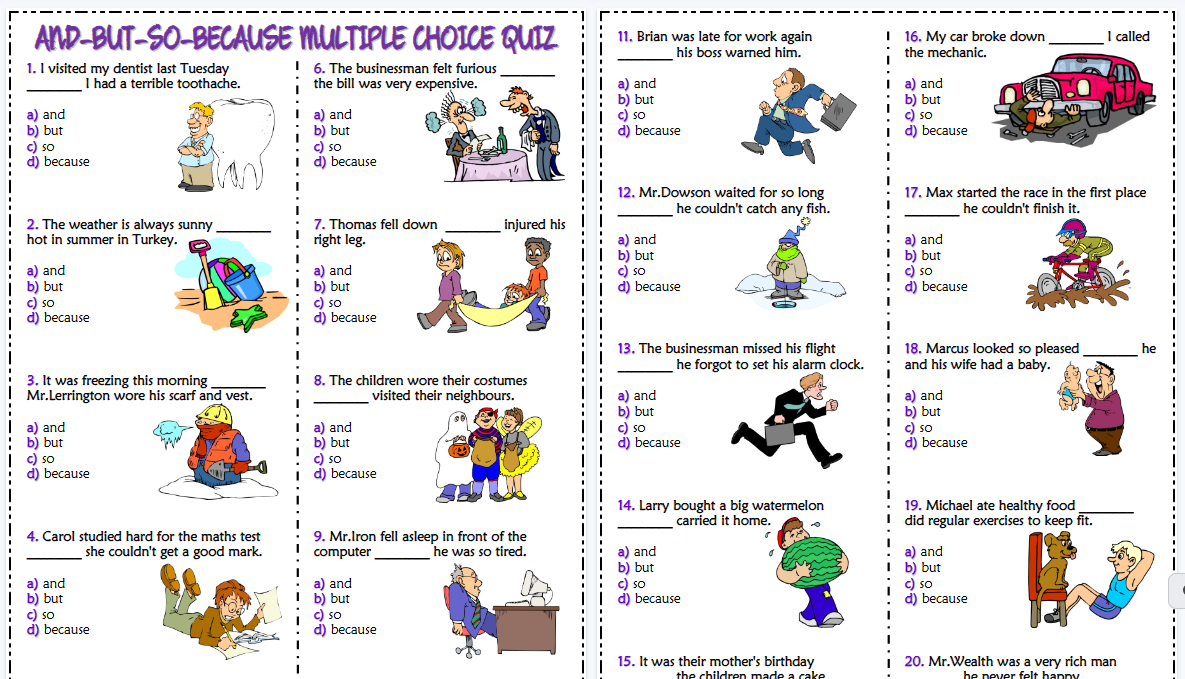 【3页高清彩色版】conjunctions and but so because esl multiple choice quiz for kids【完整可直接打印】语法作业纸63套